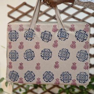 Block Printed Laptop bag - Beige - Black and red pattern
