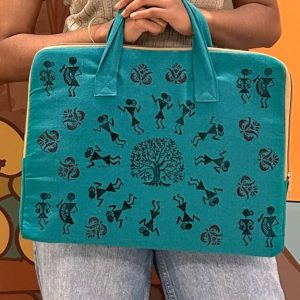 Block Printed Laptop bag - Blue green- warli design