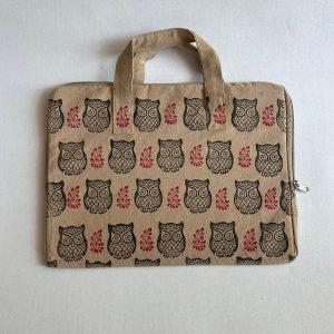 Block Printed Laptop bag - Beige - Owl design