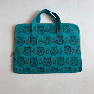 Block Printed Laptop bag - blue green - Owl design