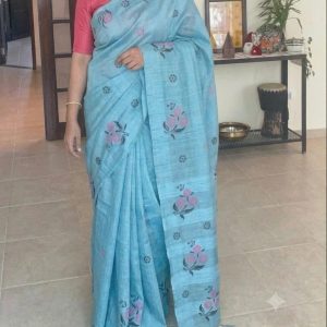 Block Printed Handloom cotton saree - Blue