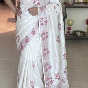 Block Printed Kerala Saree - Rose gold Zari
