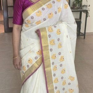 Block Printed Kerala Saree - Yellow flowers design